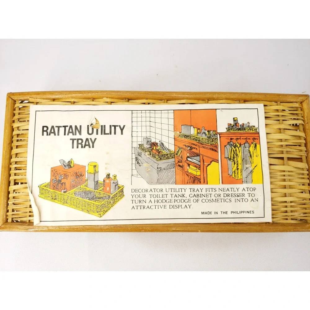 vtg Rattan Utility Tray Tan Woven Wicker 3-Compartment Organizer Desk Bedroom